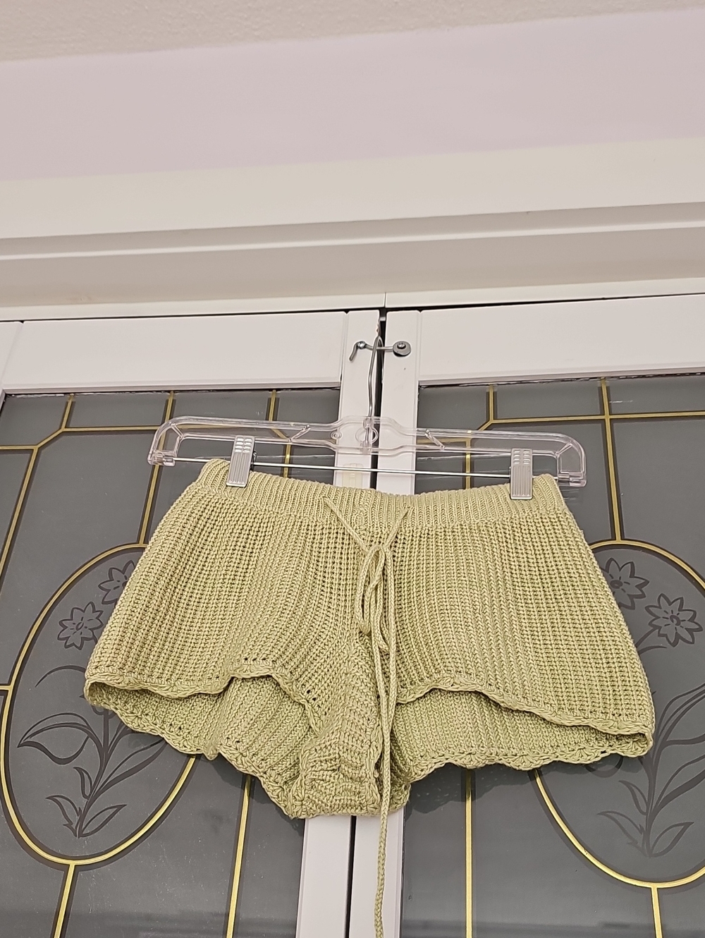 Edikted Knit Drawstring Scallop-Hem Shorts in Light Olive